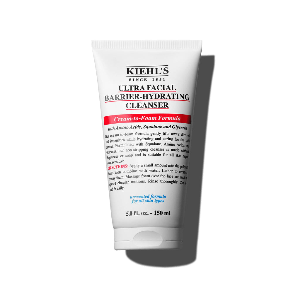 Kiehl's Ultra Facial Barrier-Hydrating Cleanser bottle-front demonstrates daily hydration.