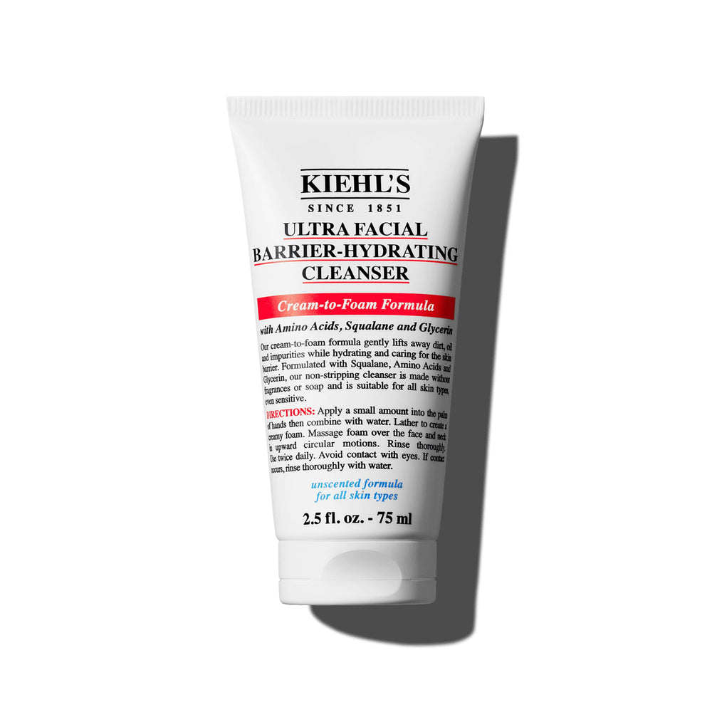 Kiehl's Ultra Facial Barrier-Hydrating Cleanser packaging highlights fragrance-free formula for sensitive skin.