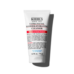 Kiehl's Ultra Facial Barrier-Hydrating Cleanser packaging highlights fragrance-free formula for sensitive skin.