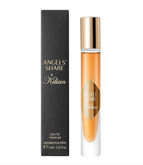 Kilian Angels' Share travel bottle shows cognac-amber hues for on-the-go fragrance moments.