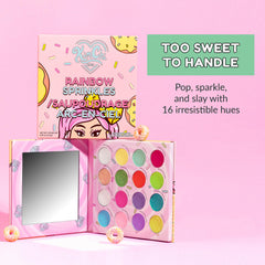 Kimchi Chic Donut Eyeshadow Palette swatches show matte, satin, glitter options.