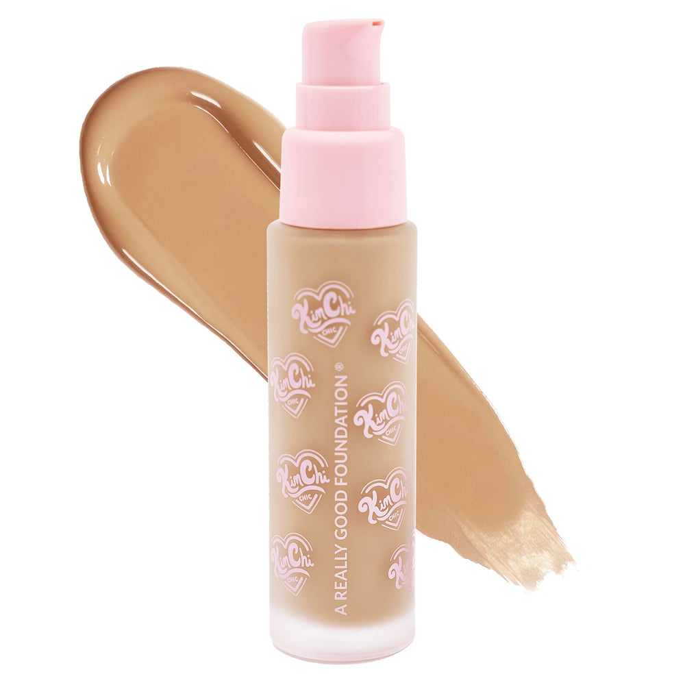 KimChiChic foundation bottle closeup shows creamy texture for a natural finish