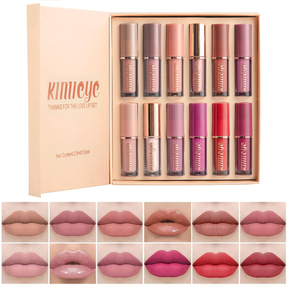 KIMIEYE 12pc velvet matte lipstick set on display with versatile color range.