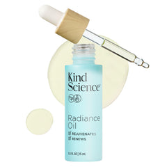 Kind Science Radiance Oil bottle shows vegan, hydrating formula for all skin types.