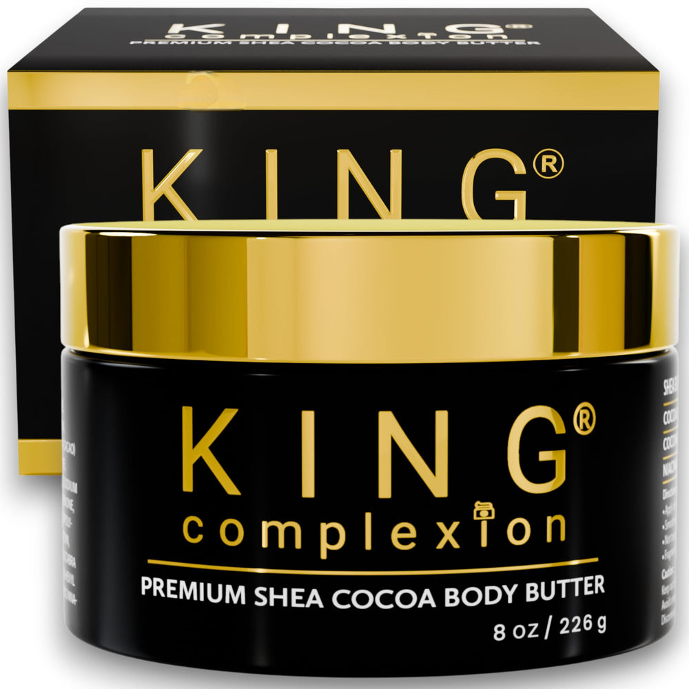 King Complexion Shea Cocoa Body Butter jar closeup showing rich moisturizing texture.