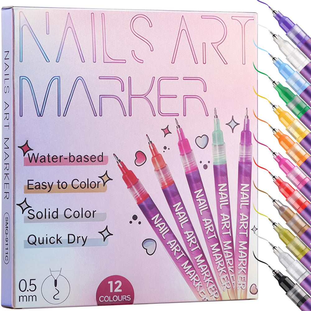 KINGMAS 12-color nail art pens with fine-tip precision for detailed designs.