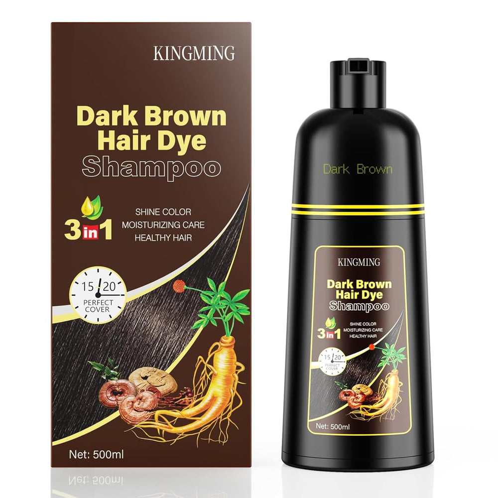 KingMing Dark Brown 3in1 shampoo bottle shows easy gray coverage.