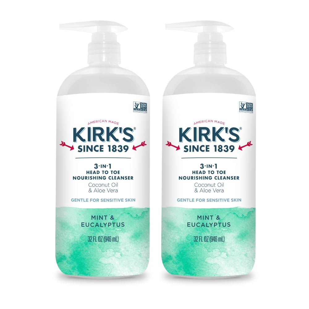 Kirk's 3-in-1 cleanser in a pump bottle for convenient head-to-toe care.