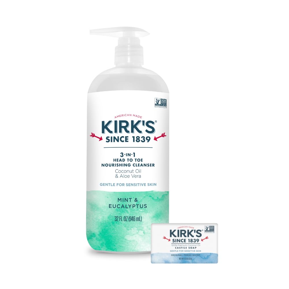 Kirk's 3-in-1 bottle with mint eucalyptus for refreshing, all-in-one cleansing.