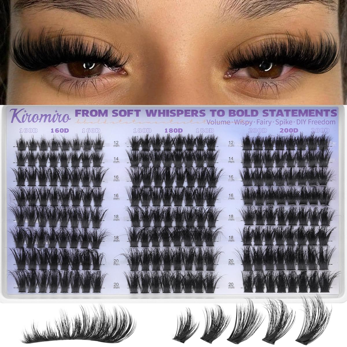 Kiromiro lash clusters with spikes, 12–20mm length, for customizable sets.