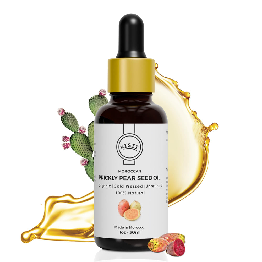 Kisii prickly pear seed oil bottle delivering lightweight hydration.