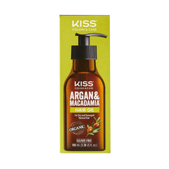KISS Argan & Macadamia Reparative Hair Oil Serum bottle shows nourishing care.