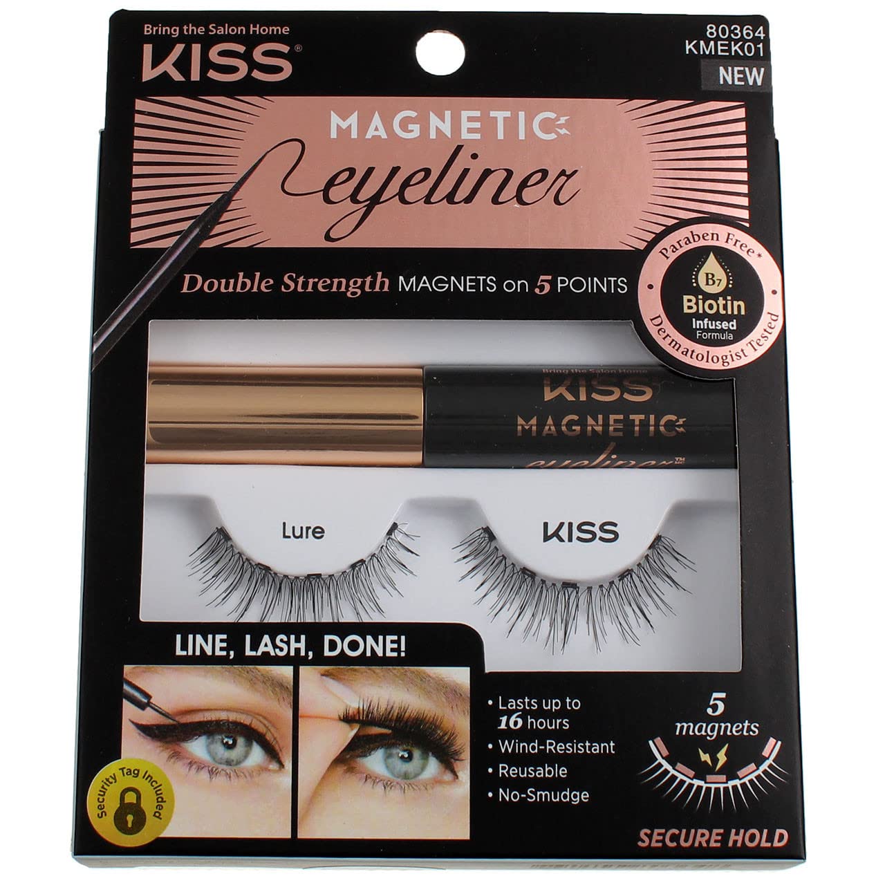 KISS Magnetic Eyeliner and Eyelash Kit Lure pack-3 enables quick, secure lash wear.