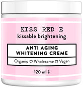 Kiss Red E Whitening Cream jar close-up shows smooth texture for even skin tone.
