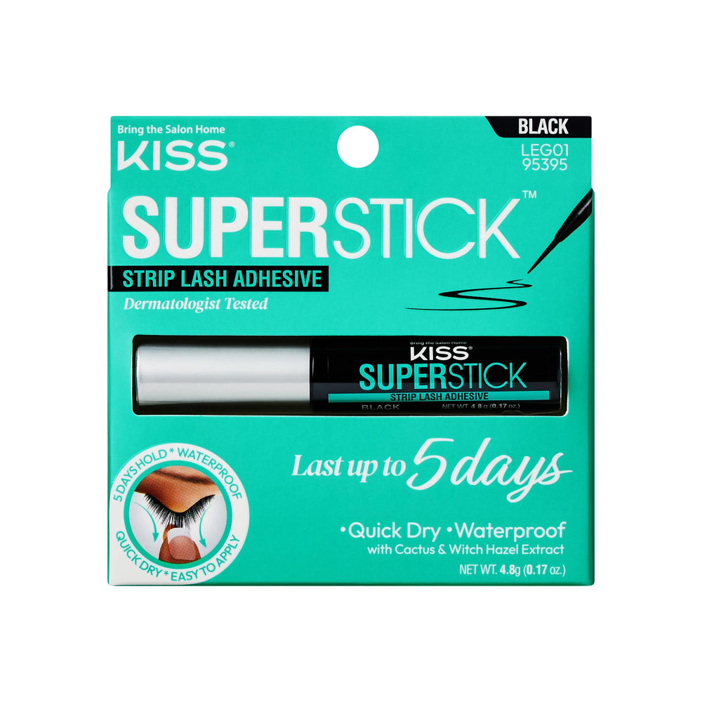 KISS Super Stick adhesive bottle showing long-lasting hold for extended wear.