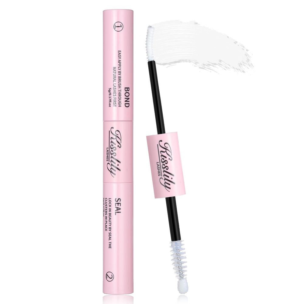 Kisslily Lash Cluster Glue bottle demonstrates 2-in-1 hold for all-day lashes.