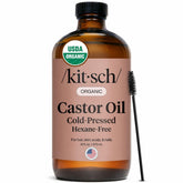 Kitsch Organic Castor Oil bottle closeup for hair hydration and skin care.