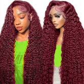 Kivolin 99J burgundy deep wave front wig showing bold color and movement