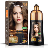 Kiwinz Professional hair color shampoo bottle with pump for quick, even color application.
