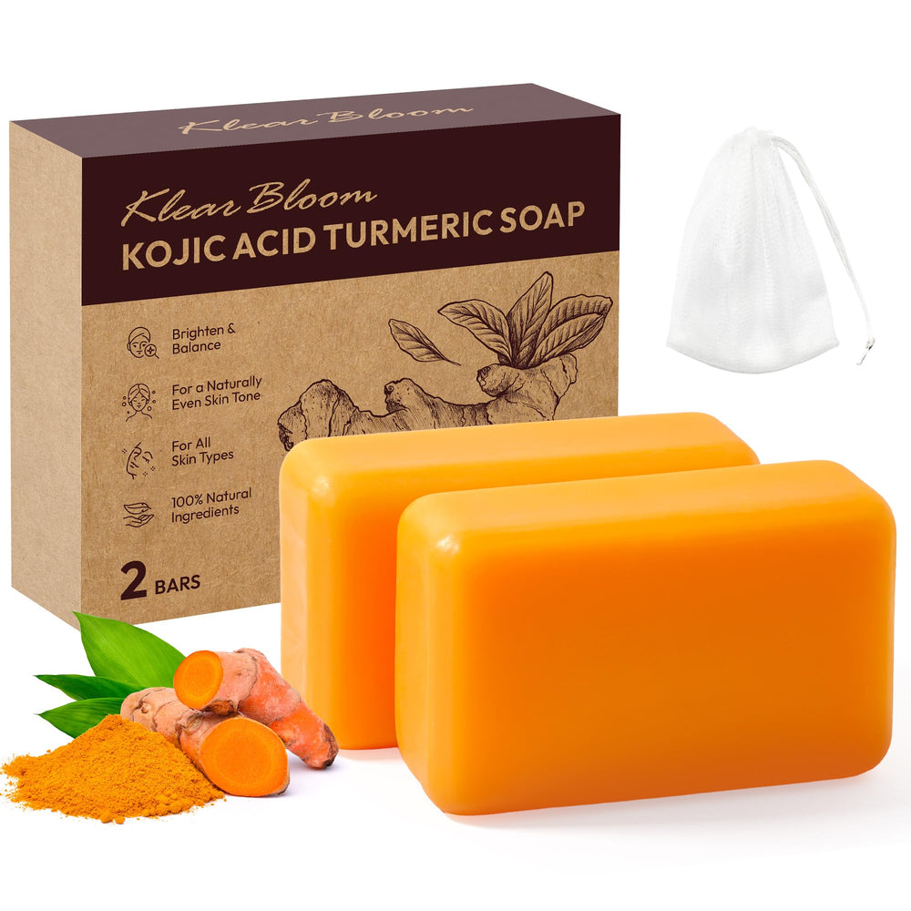 KlearBloom Kojic Acid Turmeric Soap bar close-up, brightening action for even skin tone