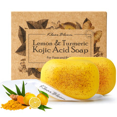 KlearBloom lemon turmeric kojic acid soap bar front with almond exfoliants for smooth skin.