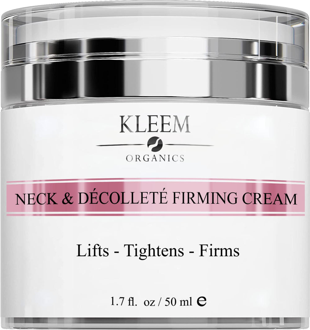 Kleem Organics neck firming cream tube closeup for neck and chest care.