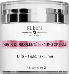Kleem Organics neck firming cream tube closeup for neck and chest care.