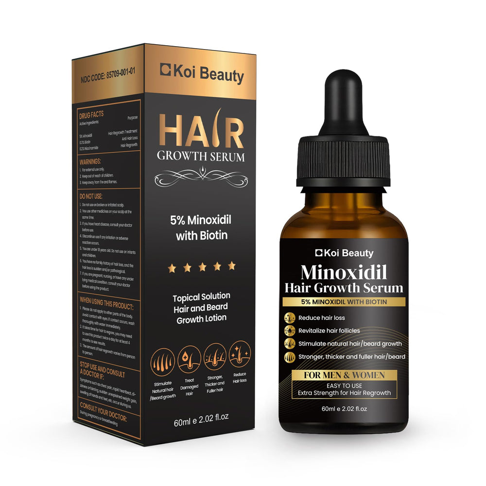 Koi Beauty 5% minoxidil bottle dispense for precise scalp treatment.