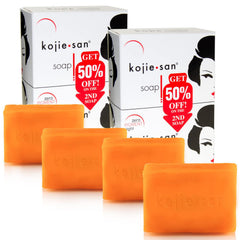 Kojie San original soap bar packaging shows four bars for a complete routine.