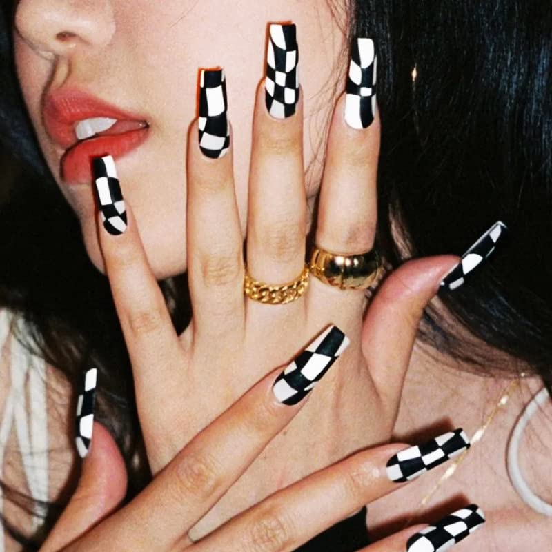 KOLONAMS 24-piece coffin nails in long black and white checkerboard for bold at-home manicures.