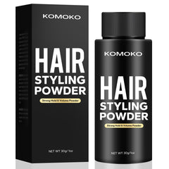 Komoko hair styling powder packaging front showing compact 0.7 oz design for on-the-go styling.