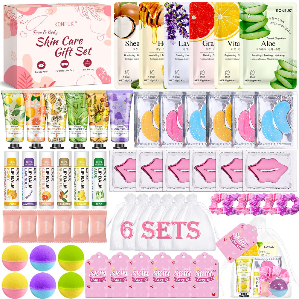 KONEUK spa party packaging showing a coordinated sleepover setup