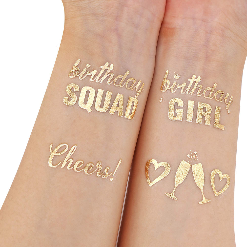 Konsait birthday tattoos two sheets with 26 metallic designs for party favors.