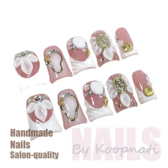 Koopnati square 3D nails with duck pink tips for durable salon-grade wear