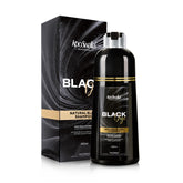 KooSwalla black hair dye shampoo bottle shows natural color solution for all hair types.