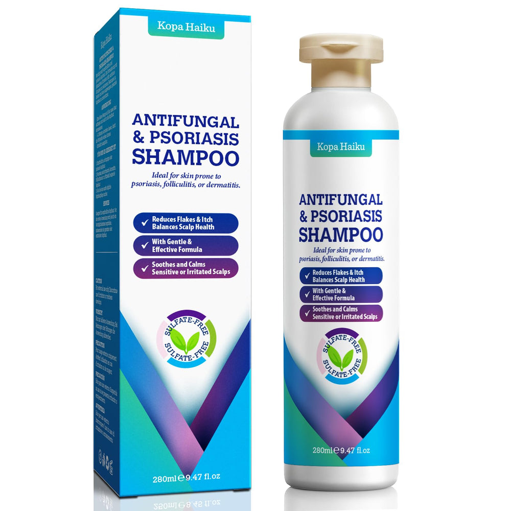 Kopa Haiku psoriasis shampoo bottle promotes gentle cleansing for sensitive scalps.