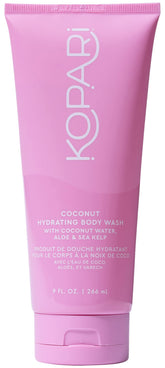 Kopari Hydrating Body Wash bottle close-up showcases vegan formula with organic coconut oil.