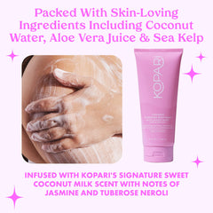 Kopari Hydrating Body Wash coconut water pour shot for a refreshing shower moment.