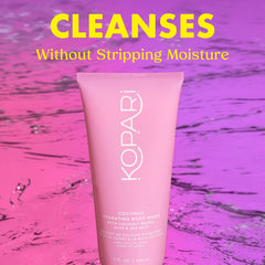 Kopari Hydrating Body Wash foamy lather demonstrates gentle cleansing.