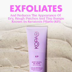 Kopari KP Body Bumps Be Gone exfoliating scrub bottle highlighting 10% AHA for gentle exfoliation.