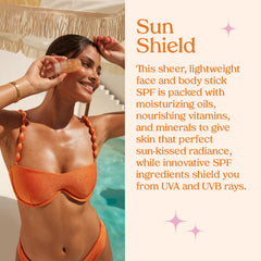 Kopari Sun Shield On-The-Glow Shine from ethically sourced mica adds subtle radiance.