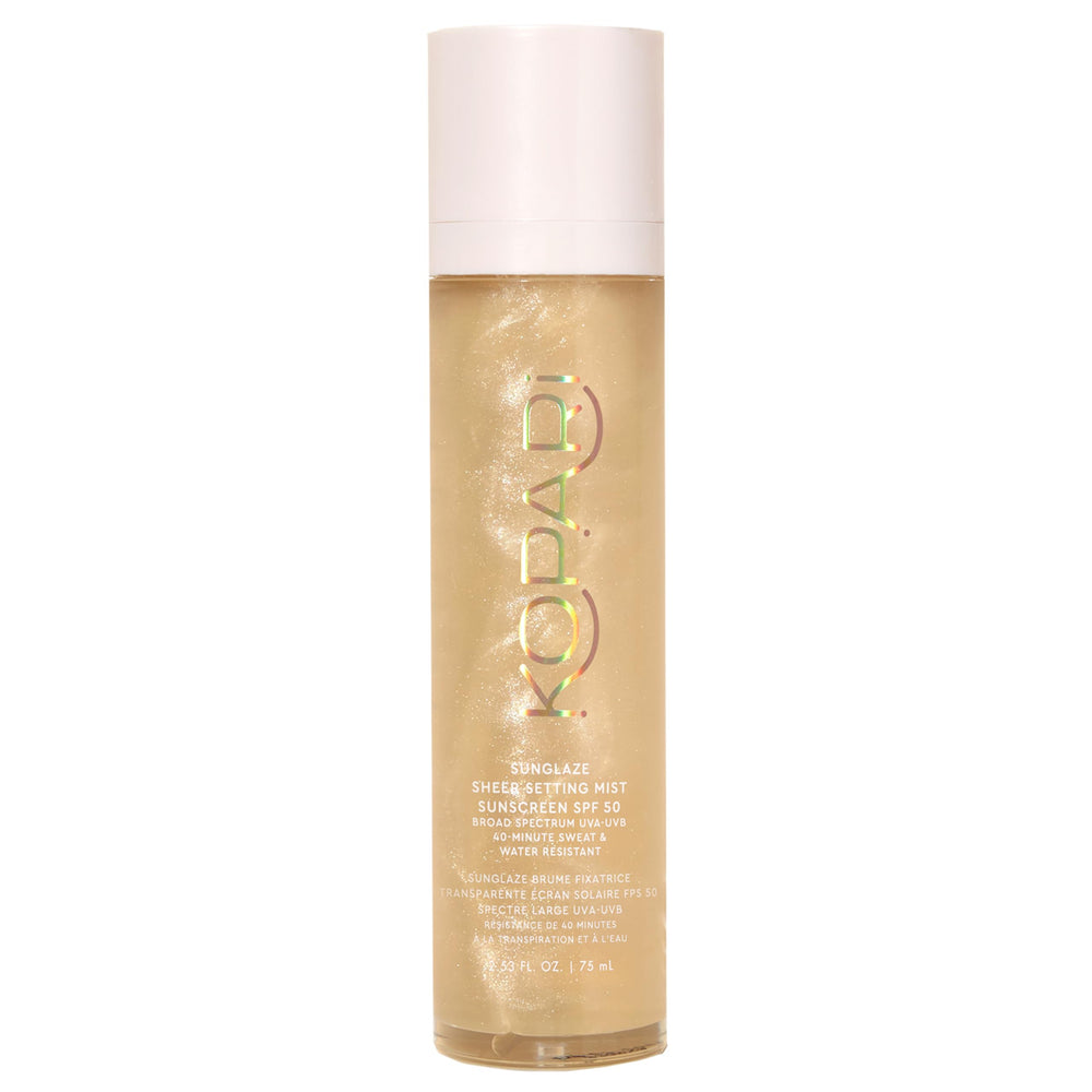 Kopari Sunglaze bottle spray demonstrates weightless SPF mist for daily use.
