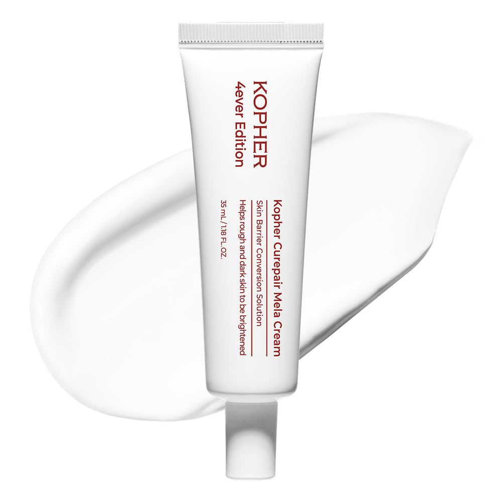 Kopher Curepair Mela Cream tube close-up showing soothing formula for sensitive skin.