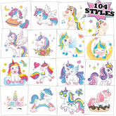 Kopokita unicorn tattoos pack cover shows 104 designs for party favors.