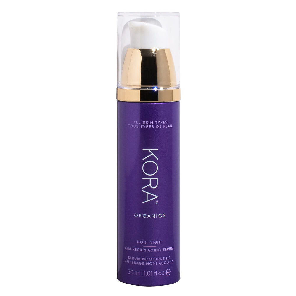KORA Organics Noni Night AHA Serum bottle highlight for gentle nightly exfoliation