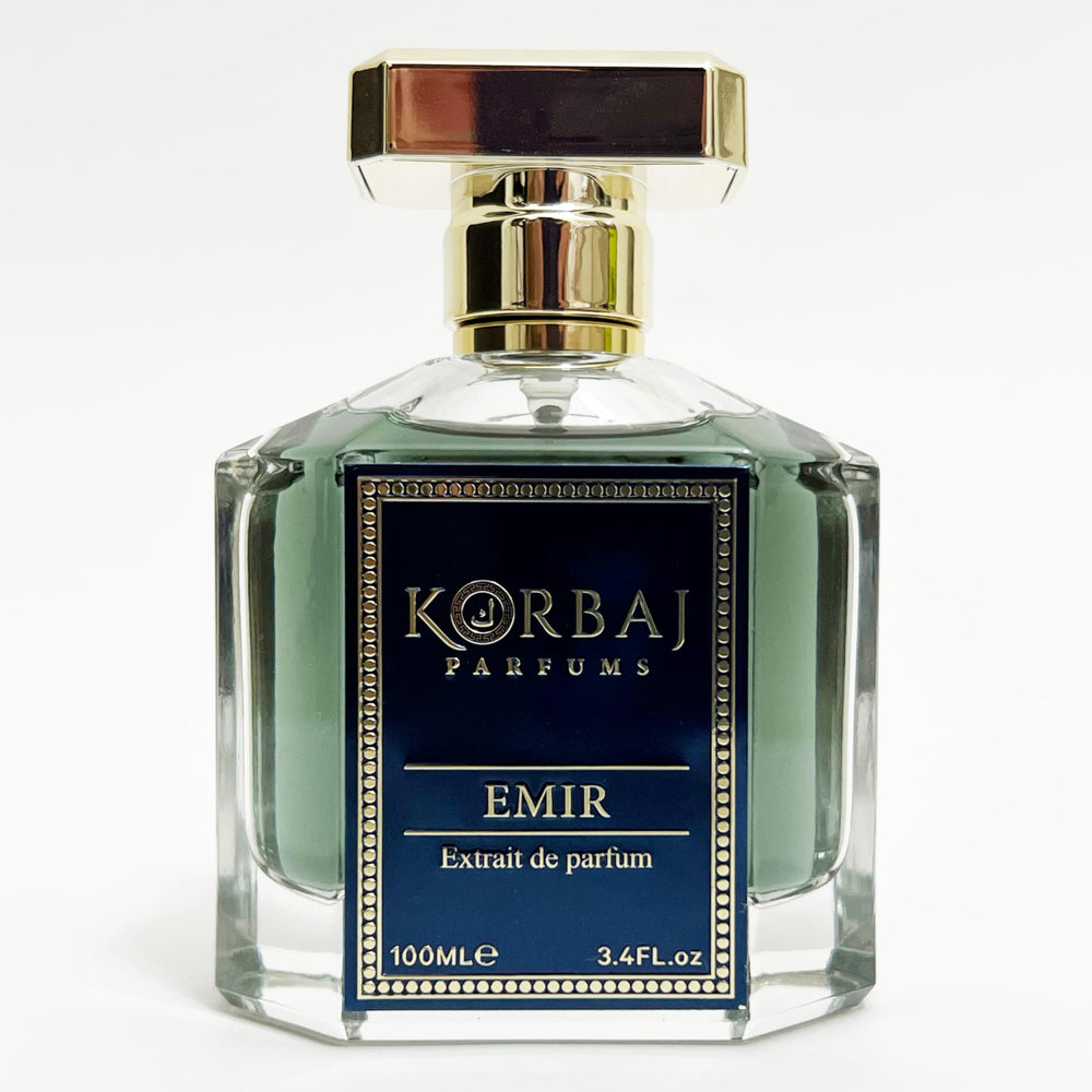 KORBAJ PARFUMS Emir bottle front showcasing unisex luxury and modern elegance.