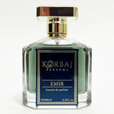 KORBAJ PARFUMS Emir bottle front showcasing unisex luxury and modern elegance.