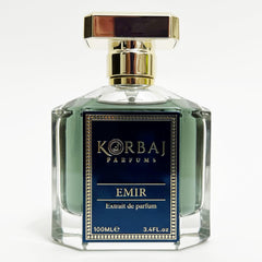 KORBAJ PARFUMS Emir bottle front showcasing unisex luxury and modern elegance.