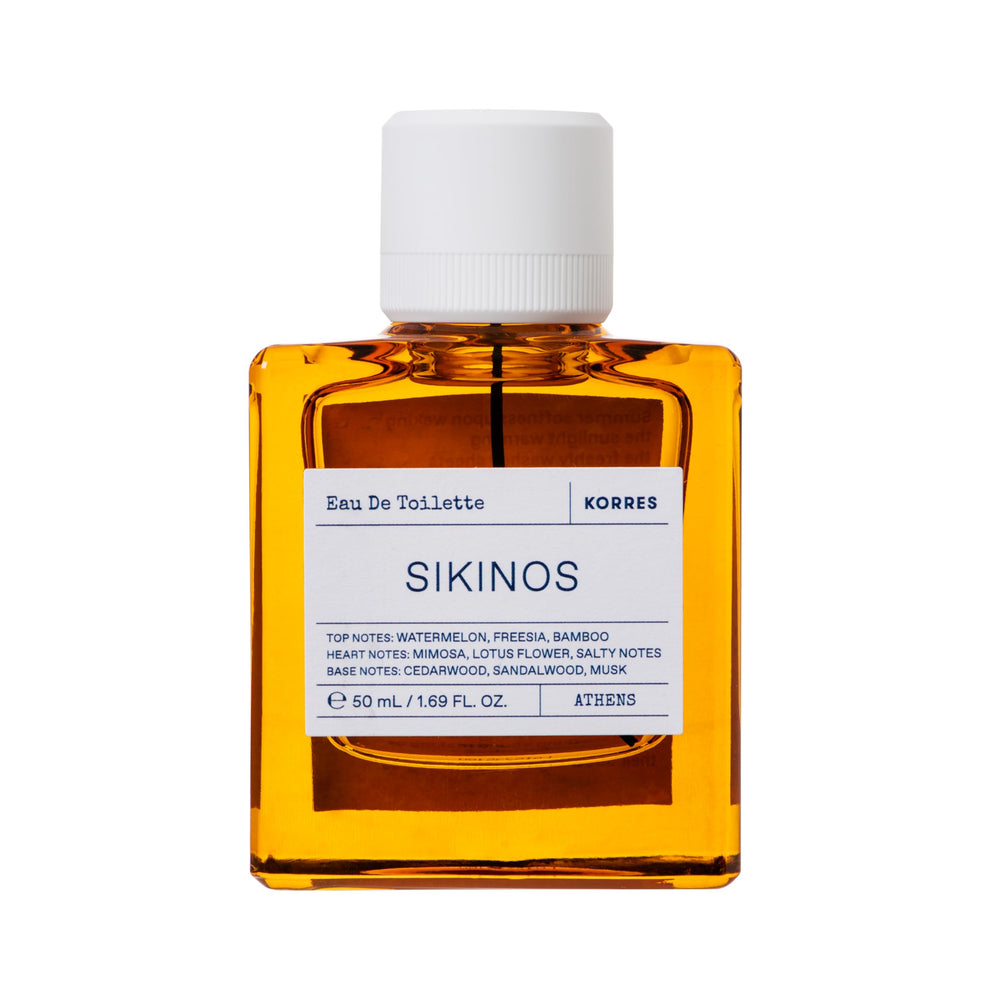 KORRES Sikinos EDP bottle top view, fresh summer energy for everyday wear.
