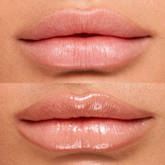 Kosas Wet Lip Oil Gloss on lips demonstrates soft, sheer color payoff.